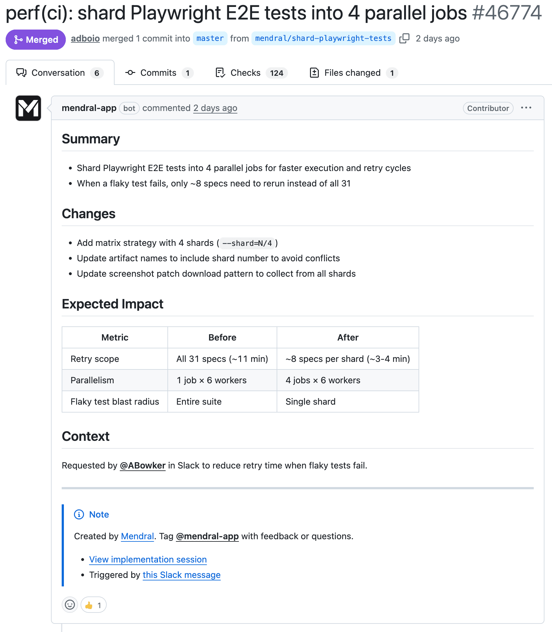 Mendral PR on PostHog's public repo: sharding Playwright E2E tests into parallel jobs