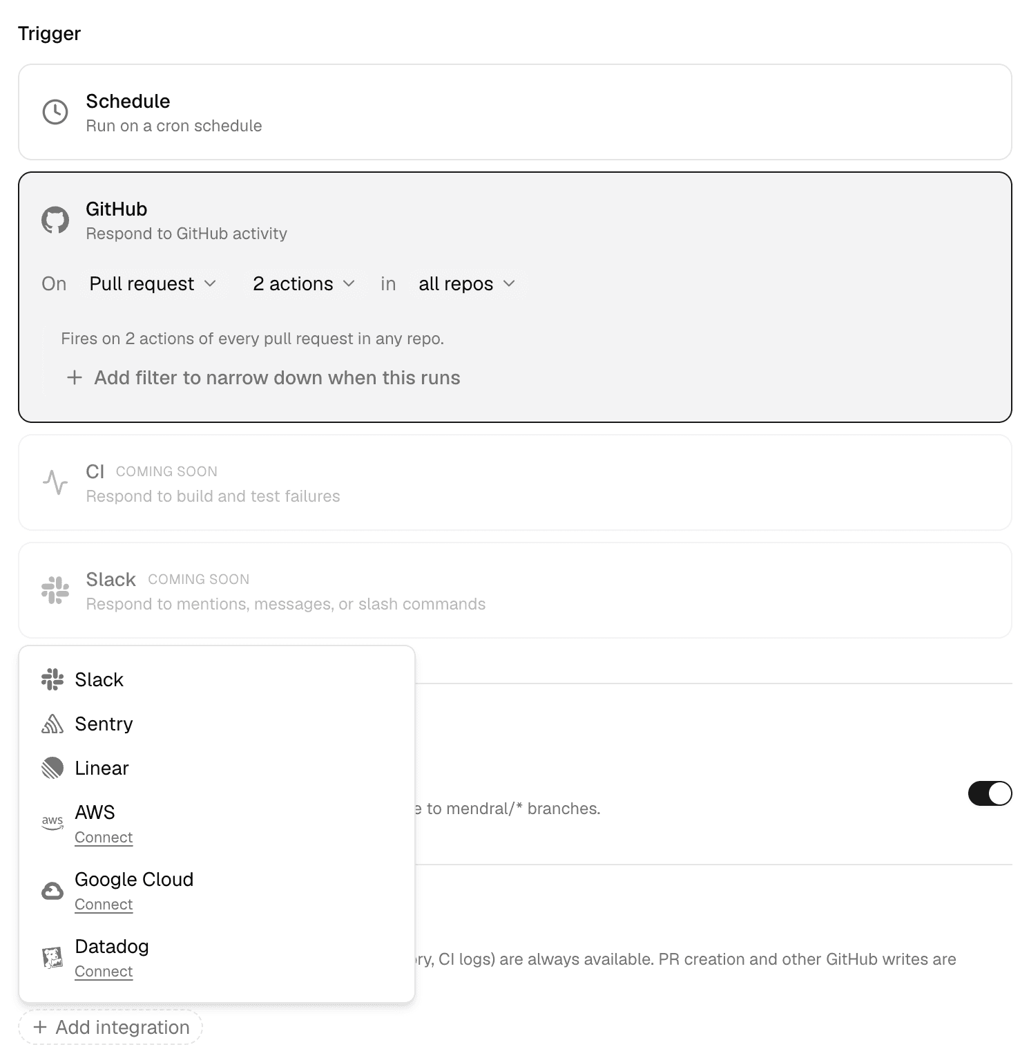The rest of the same editor: the Trigger picker with Schedule (cron) and GitHub selected (set to fire on pull_request events across all repos, plus CI and Slack triggers marked Coming Soon), and an integrations menu open over Slack, Sentry, Linear, AWS, Google Cloud, and Datadog. A permission toggle for GitHub writes sits off by default, with a note that filesystem, insights, and CI logs are always available while PR creation and other GitHub writes stay off until enabled.