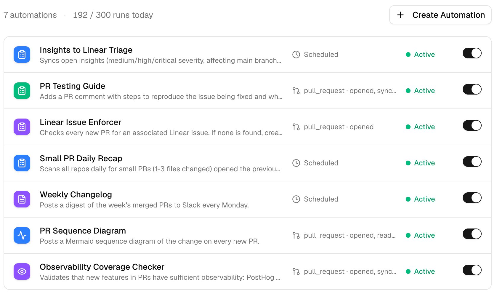 Blaxel's automations dashboard listing seven automations, all Active: Insights to Linear Triage, PR Testing Guide, Linear Issue Enforcer, Small PR Daily Recap, Weekly Changelog, PR Sequence Diagram, and Observability Coverage Checker. Each row shows a one-line description and its trigger, some scheduled, some firing on pull_request events. A header reads "7 automations · 192 / 300 runs today."