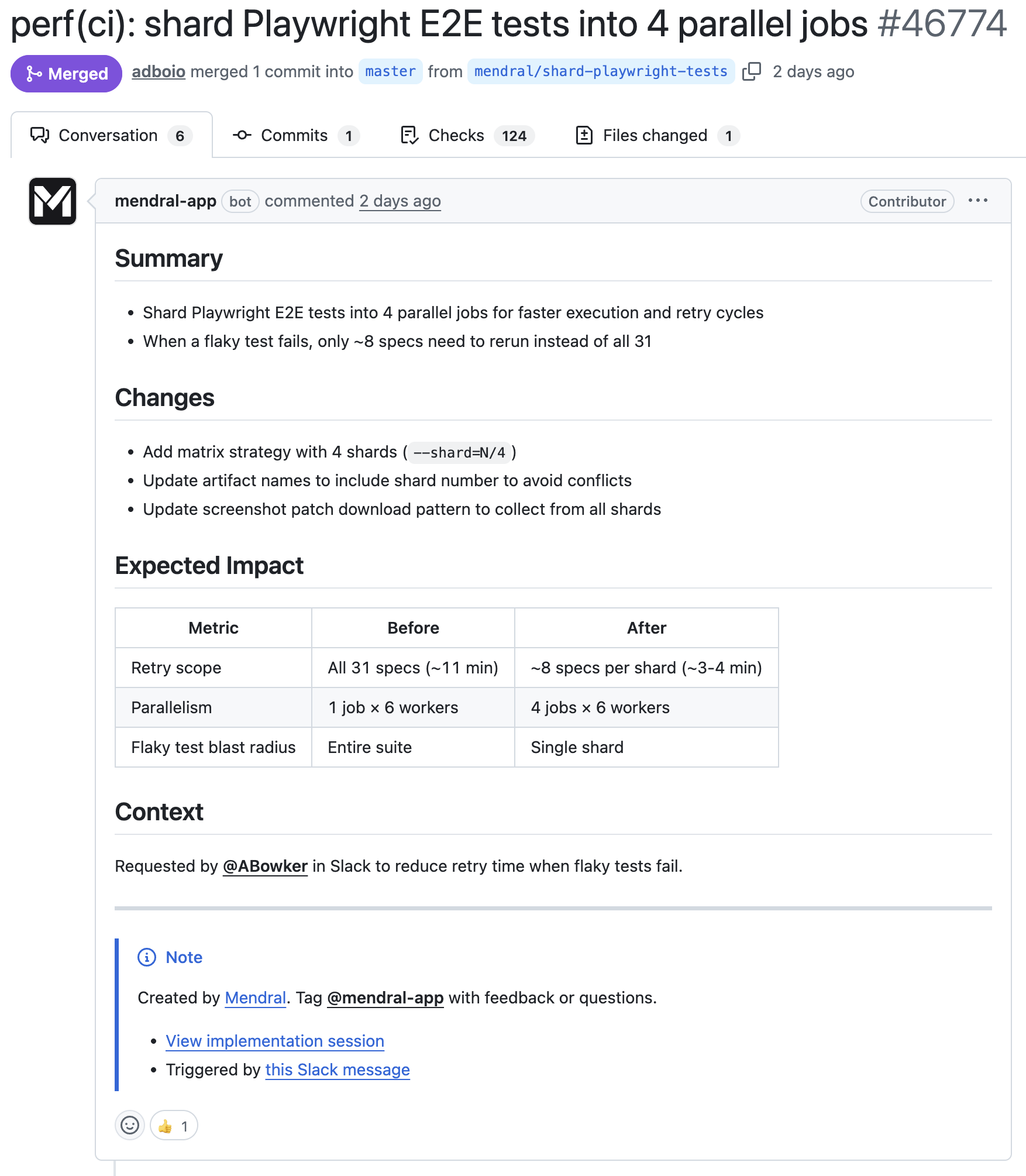 Mendral PR on PostHog's public repo: sharding Playwright E2E tests into parallel jobs