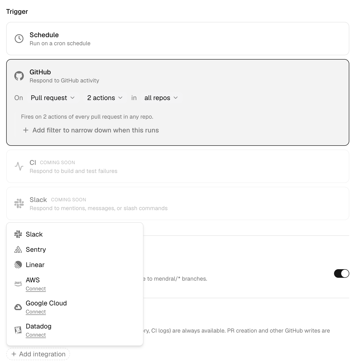 The rest of the same editor: the Trigger picker with Schedule (cron) and GitHub selected (set to fire on pull_request events across all repos, plus CI and Slack triggers marked Coming Soon), and an integrations menu open over Slack, Sentry, Linear, AWS, Google Cloud, and Datadog. A permission toggle for GitHub writes sits off by default, with a note that filesystem, insights, and CI logs are always available while PR creation and other GitHub writes stay off until enabled.