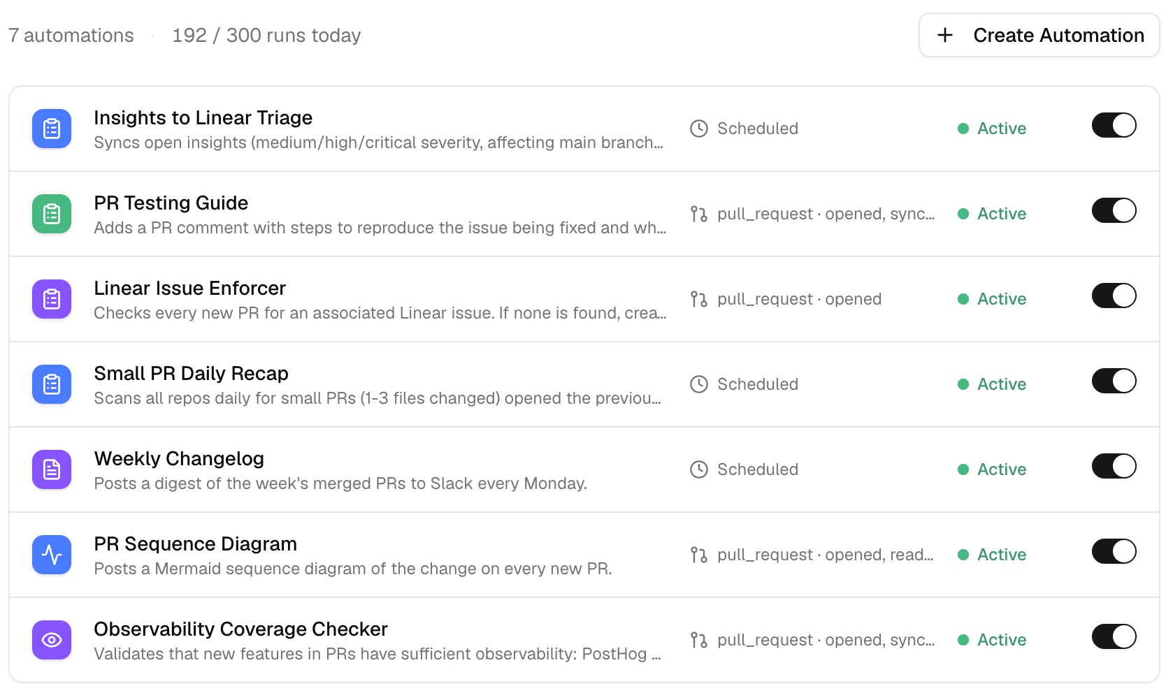Blaxel's automations dashboard listing seven automations, all Active: Insights to Linear Triage, PR Testing Guide, Linear Issue Enforcer, Small PR Daily Recap, Weekly Changelog, PR Sequence Diagram, and Observability Coverage Checker. Each row shows a one-line description and its trigger, some scheduled, some firing on pull_request events. A header reads "7 automations · 192 / 300 runs today."