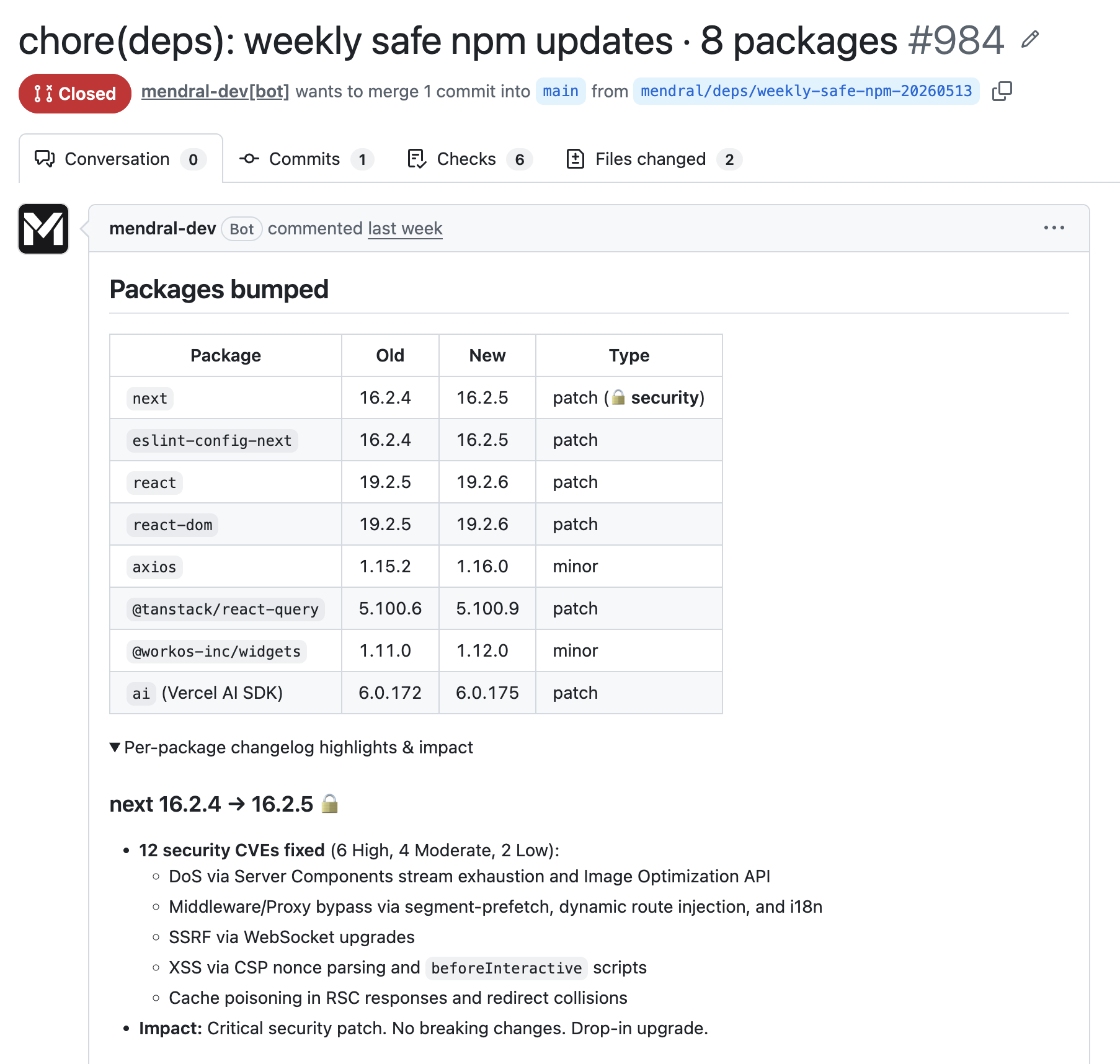 Weekly safe npm updates PR bumping 8 packages: next 16.2.4 to 16.2.5 (security patch fixing 12 CVEs including DoS, middleware bypass, SSRF, XSS, cache poisoning), eslint-config-next, react/react-dom, axios, @tanstack/react-query, @workos-inc/widgets, and the Vercel AI SDK, with expanded per-package changelog highlights below the table