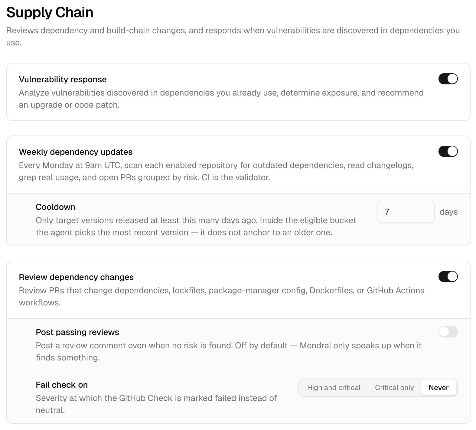 Supply Chain settings panel showing three controls: Vulnerability response (on), Weekly dependency updates with a configurable Cooldown field set to 7 days, and Review dependency changes with Post passing reviews off and Fail check on set to Never (with High and critical / Critical only / Never options)